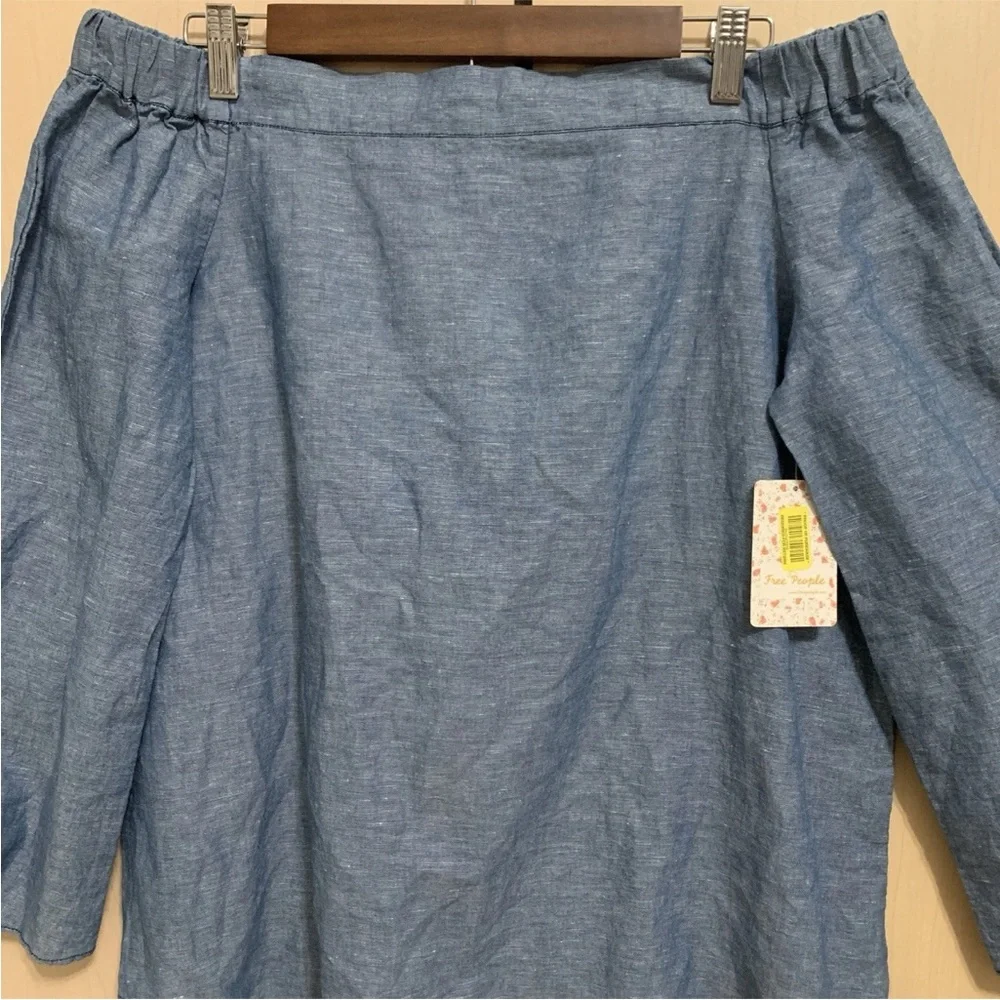 NEW Free People Women's Off Shoulder Long Sleeve Chambray Linen Blend Top Blue S - Picture 6 of 16